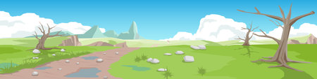 Curvy dirt road on the meadow. Gravel road leading to the destination ahead. Rolling hills and green fields. Scattered rocks on the ground. Trees withered from drought. Under blueのイラスト素材