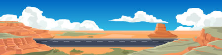 Horizontal or flat asphalt road. vast land area with hills and mountains on both sides. Mountain ranges and blue sky with white clouds.のイラスト素材