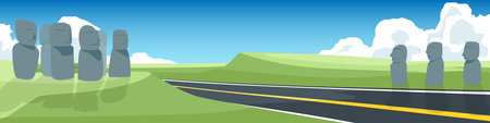 Stylized landscape with a winding asphalt road leading into the distant. Moai statues stand on either side of the road. backdrop of green hills and a bright blue sky with white cloのイラスト素材