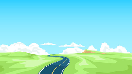 Stylized landscape a winding road leading into the distance. Fluffy white clouds dot a bright blue sky above rolling green low hills.のイラスト素材