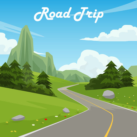 Vector poster of square Road Trip. Winding asphalt road with a yellow center line. Passing through a vibrant green landscape with pine trees. Mountains under a blue sky.のイラスト素材