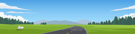 Horizontal or Landscape view illustration banner of asphalt road. Winding road leading straight to the valley. Green open fields and mountain under blue sky for background.のイラスト素材