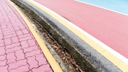 Drainage channels with accumulated dry leaves. On the side there is a brick floor for the footpath and a road surface with red and blue paint on the asphalt.の写真素材
