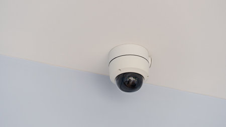 Indoor dome CCTV camera. Inside glass with blurred of activity front of house. Installed under white...