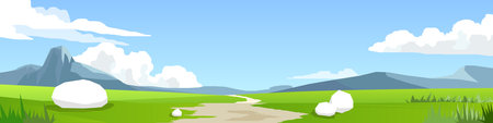 Poster of meadow landscape view. Winding dirt road. Through bright green landscape with hills. Empty space background of mountain and blue sky with white clouds.のイラスト素材