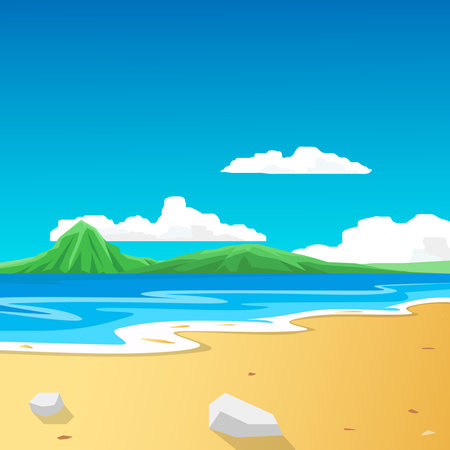Landscape banner square of sea beach green islands are in the distance. under the blue sky and white clouds.のイラスト素材