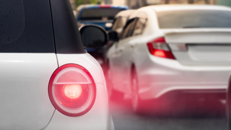 Speed light of white car on the road. with many car driving on the road.の写真素材