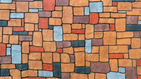 Vibrant multi colored stone wall with irregular shapes creates a unique rustic texture. A row of...