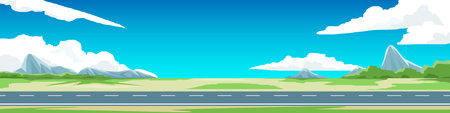 Horizontal or horizontal banner background of asphalt road.  Background is a flat grassland with wide open land and hills. White clouds and blue clear sky.のイラスト素材