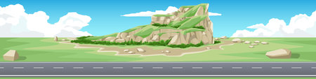 Horizontal or landscape banner background of asphalt road.  Mountains surrounded by green forests. Bordered by surrounding land. And vast green grasslands. Under blue sky.のイラスト素材