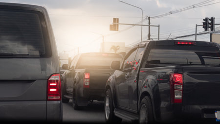 Rear side of van car and turn on brake light. Cars in traffic jam on the road in rush hour. Stop...