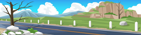 Landscape of long asphalt road leading to the destination. Roadside barriers lined up in a long line. Dead trees standing by roadside. Vast grassy hill with towering cliffs.のイラスト素材
