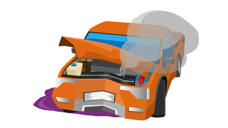 Car accident caused severe damage. Orange pickup was dented and the front bumper was broken. Front hood was bent and opened. Engine was damaged with smoke and oil was leaking.のイラスト素材