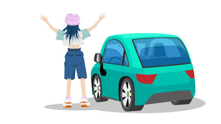 Concept travel time of young girl. Woman in bright clothes raises her arms in joy, showing her hopes fulfilled. Car is parked next to it. Traveling by vehicle alone.のイラスト素材