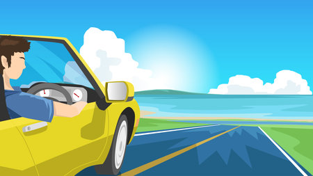 Male driver and a sports car on an asphalt road. The road leads to a wide beach. There is an island under the sun shining and the blue sky.のイラスト素材