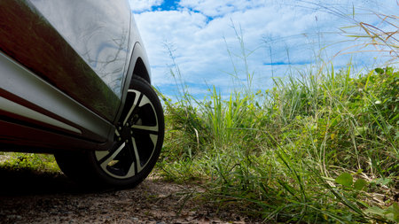 Under view of dark car Driving on a dirt road. Front wheels spin out when the car stops or makes a U-turn. Found grass covering the entire area. Under blue sky and white clouds.の写真素材