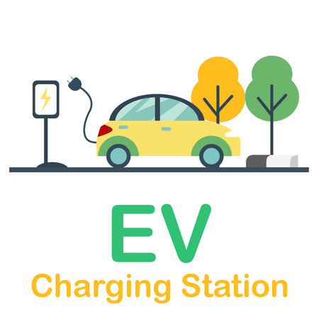 Design Elements of electric vehicles yellow color with plug. Cars ready to be plugged into the charging station with the electric charging symbol. with object of tree.のイラスト素材