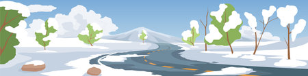 Horizontal or Landscape view of asphalt curved road. Road that passes through a snow covered path. Trees growing Day time. Snow covering the road in winter.のイラスト素材