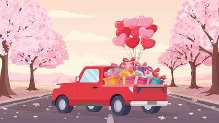 Red pickup truck full of gift boxes and heart balloons driving on road with pink cherry blossom trees. Vector illustration for Valentine's Day. love delivery and spring romance.のイラスト素材