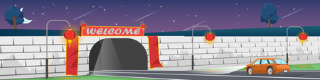 Car driving into stone tunnel at night on asphalt road. With Welcome sign and glowing red lanterns. Chinese New Year festival travel concept vector illustration.のイラスト素材