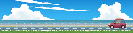 Landscape of small red car with couple driving along a beautiful coastal asphalt Road. With blue sea and white clouds background. Summer travel and road trip concept flat vector.のイラスト素材