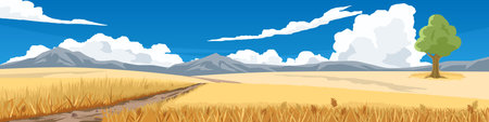 Golden wheat field landscape with dirt road winding through yellow meadow. Majestic mountains under blue sky with fluffy white clouds. isolated green tree in rural countryside.のイラスト素材
