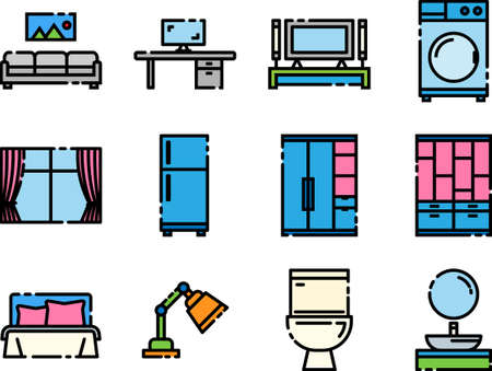 Simple Set of Furniture Flat Line Icons. Contains such Icons as sofa, bed, work table, cabinet, lamp and More. pixel perfect vector icons based on 64px grid.のイラスト素材