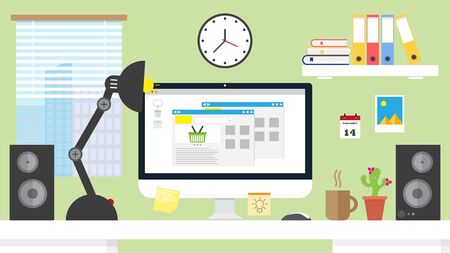 Flat design illustration home office workspace,workplace with computer. Online shopping conceptのイラスト素材