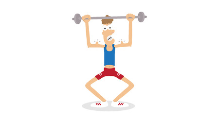 Athletic young man try bodybuilding.Cartoon funny fitness character vector comic illustrationのイラスト素材