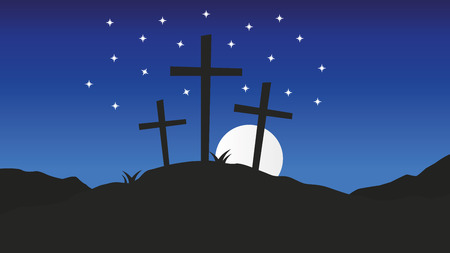 Three crosses standing on Golgotha.Good Friday christian vector background illustrationのイラスト素材