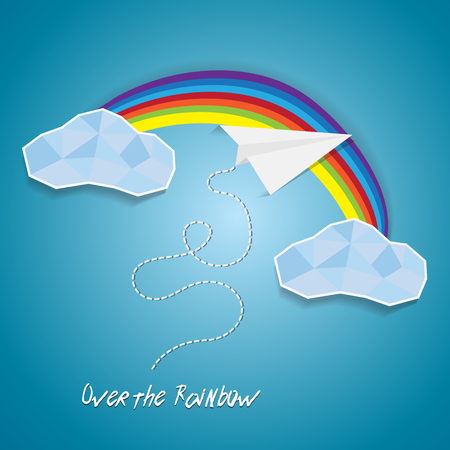 Paper plane flying between clouds and over rainbow.Idea success cutout poster background with textのイラスト素材