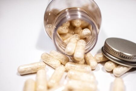 Drugs on a white table closeupの写真素材