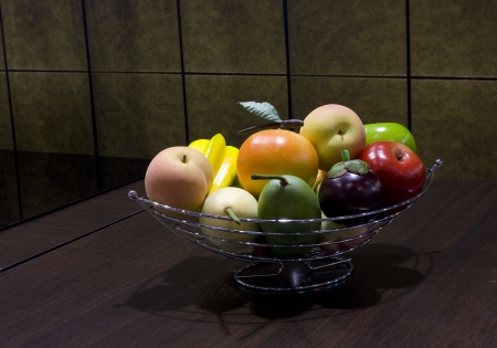 Fruit in The Basket lay on tableの写真素材