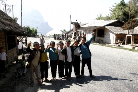 Lao Children in action at Loa Village; lao is Country in AEC.のeditorial素材