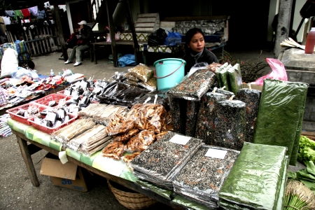 People In Lao Market sell and buy Fruit, Vegetable, Meat from The Farm and Wild Animalのeditorial素材