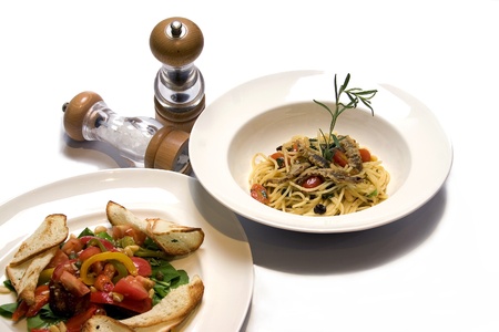 Spaghetti in White Plate , Two Plate sset with Spaghetti , Vegetable and Salad.の写真素材