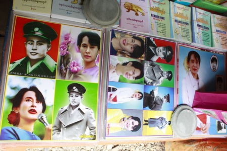 Lifestyle of Myanmar People still wear sarong and worship Buddhism.House Much have Aung San Suu Kyi on the wall.のeditorial素材