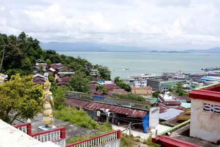 Bird eye View from hill to Victoria Point Harbour, within view sea and Mountain far away.の写真素材