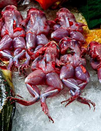 Butchering frogs cut open leather lay on ice at supermarket.の写真素材