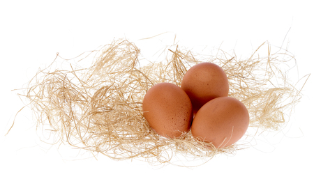Hen eggs lay on straw.White isolate background.close up and top view shot.の写真素材