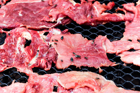 Flies swarm  sun dried meat.Closeup shot.の写真素材