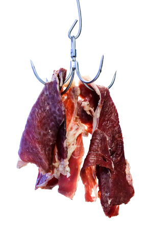 : Piece of raw beef hang with hook in meat shop, isolate white background.の写真素材