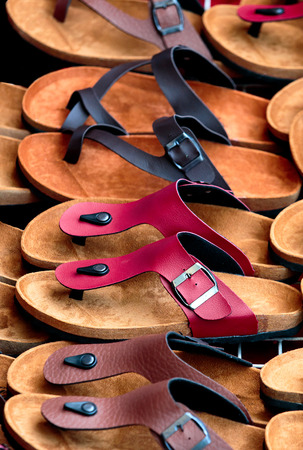Woman slippers show at display shop.Top view and close up.の写真素材