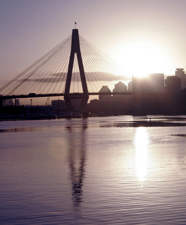 Anzac Bridge In Evening Light, Sydney, Australia: ANZAC Bridge is the longest cable-stayed bridge in Australia, and amongst the longest in the world.のeditorial素材