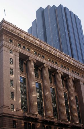 Urban Scene: Old Building And Modern Office Building In Sydney, Glass Facade, Australia