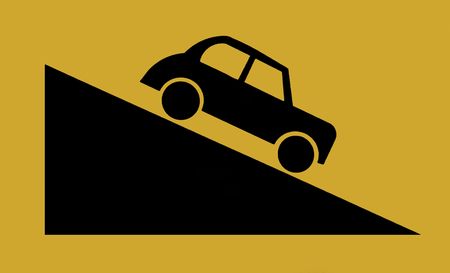 Traffic Sign - Black Car Going Down Hill, Yellow backgroundの写真素材