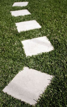 Multiple Flagstones Forming A Path On Green Grass, Outdoor Gardenの写真素材