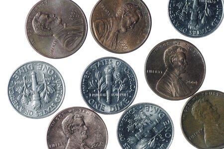 Several US American Coins On A White Background, Moneyの写真素材