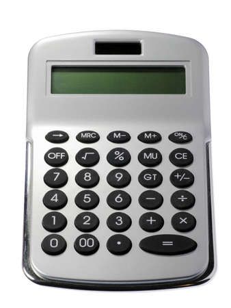 Silver Calculator With Green Display On A White Backgroundの写真素材