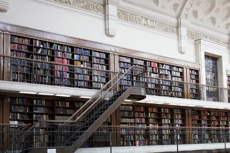 Many Books In  Large Bookcases, Public Library Interior